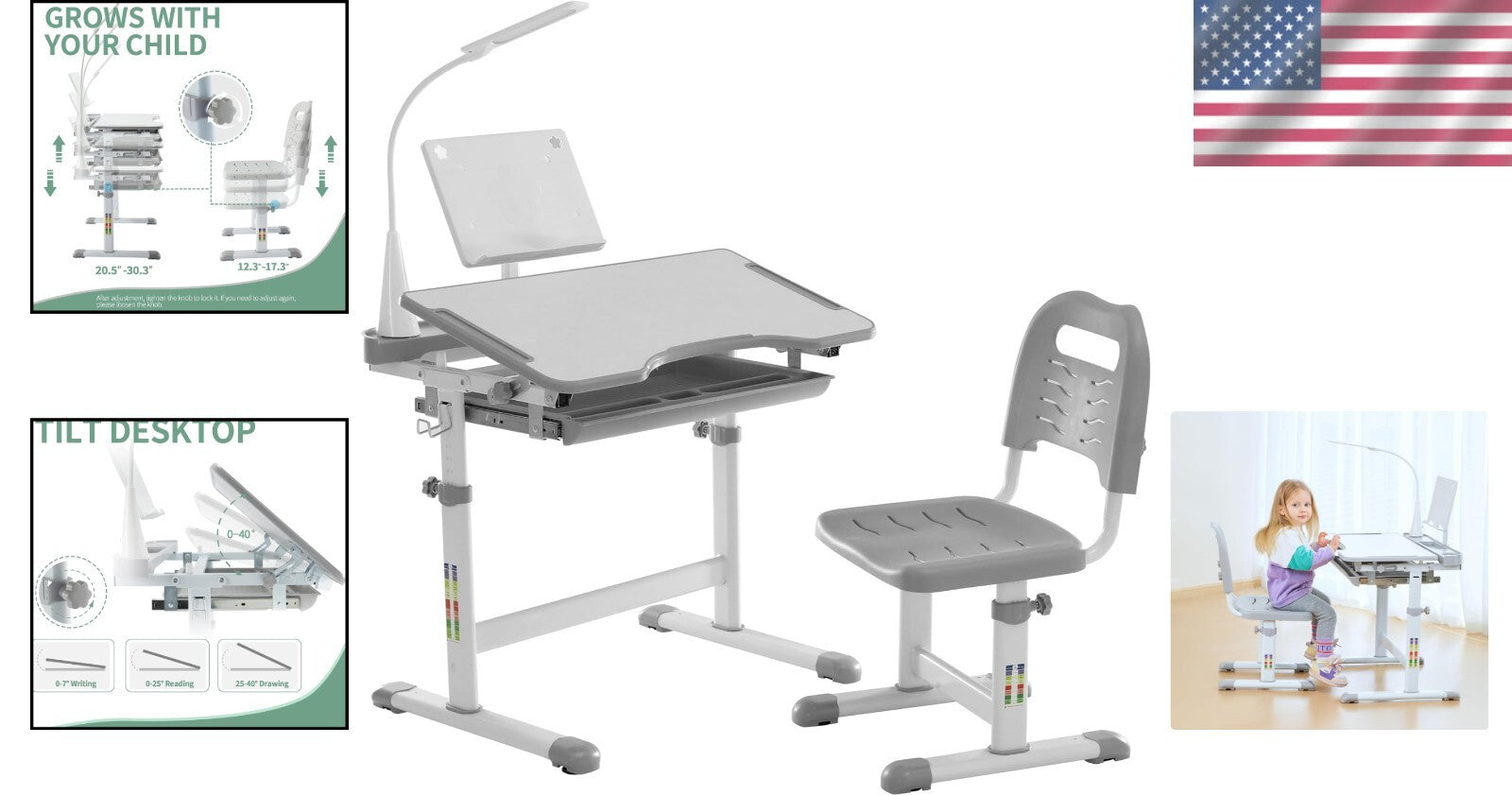 Durable Kids Desk and Chair Set with Adjustable Height and LED Lamp for Learning