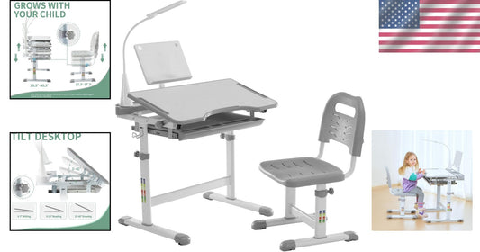 Durable Kids Desk and Chair Set with Adjustable Height and LED Lamp for Learning