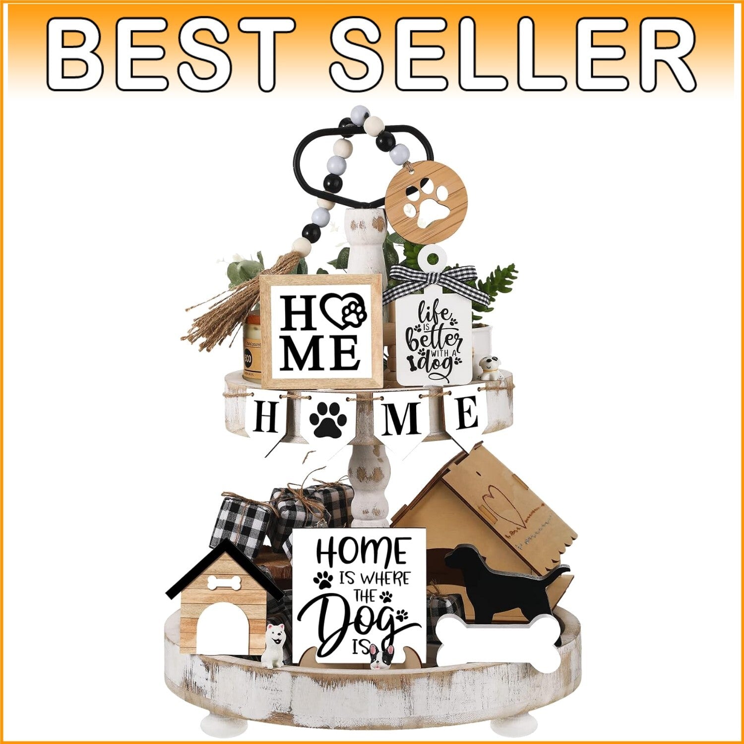 Sturdy Rustic Wooden Tiered Tray Decor with Personalized Dog-Themed Accessories