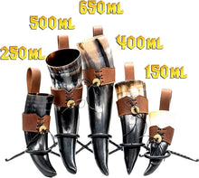 Load image into Gallery viewer, Authentic Viking Drinking Horn with Leather Holder - 650 ML for Medieval Events