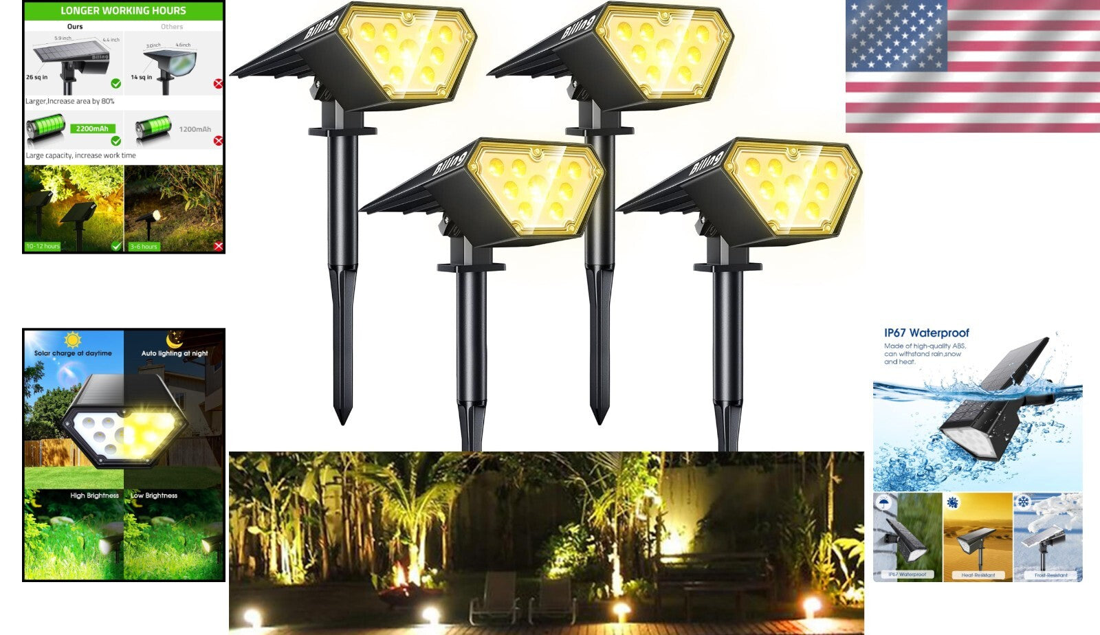 4 Pack Solar Spot Lights, Adjustable Brightness, IP67 Waterproof for Garden