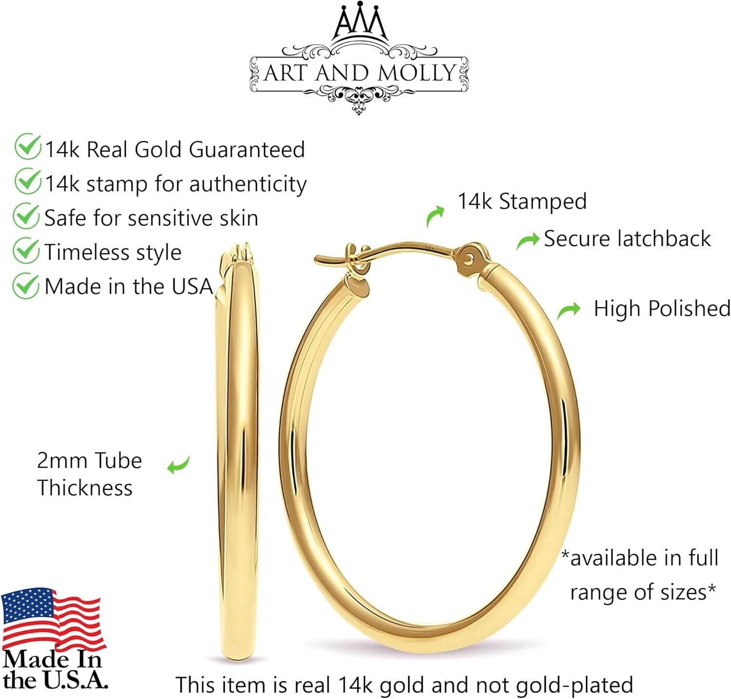Elegant 14k Gold Hoop Earrings - 1 Inch Diameter, Gift Ready in Deluxe Box