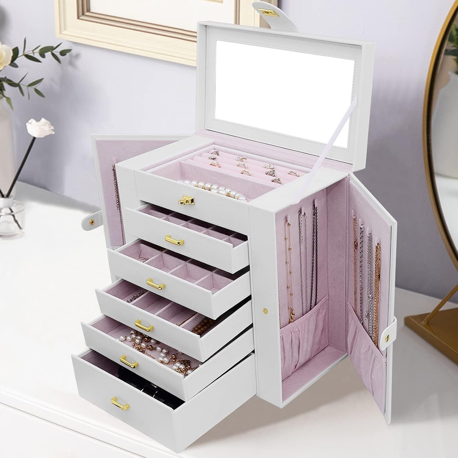Portable 6-Tier Jewelry Organizer with 5 Drawers and Velvet Lining - Gift Idea