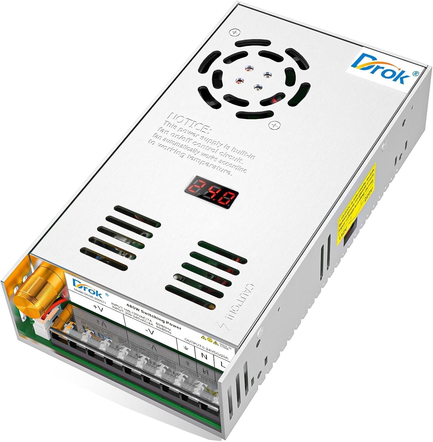 Adjustable 24V Power Supply - AC 110V/220V to DC 0-24V, 20A with LED Display