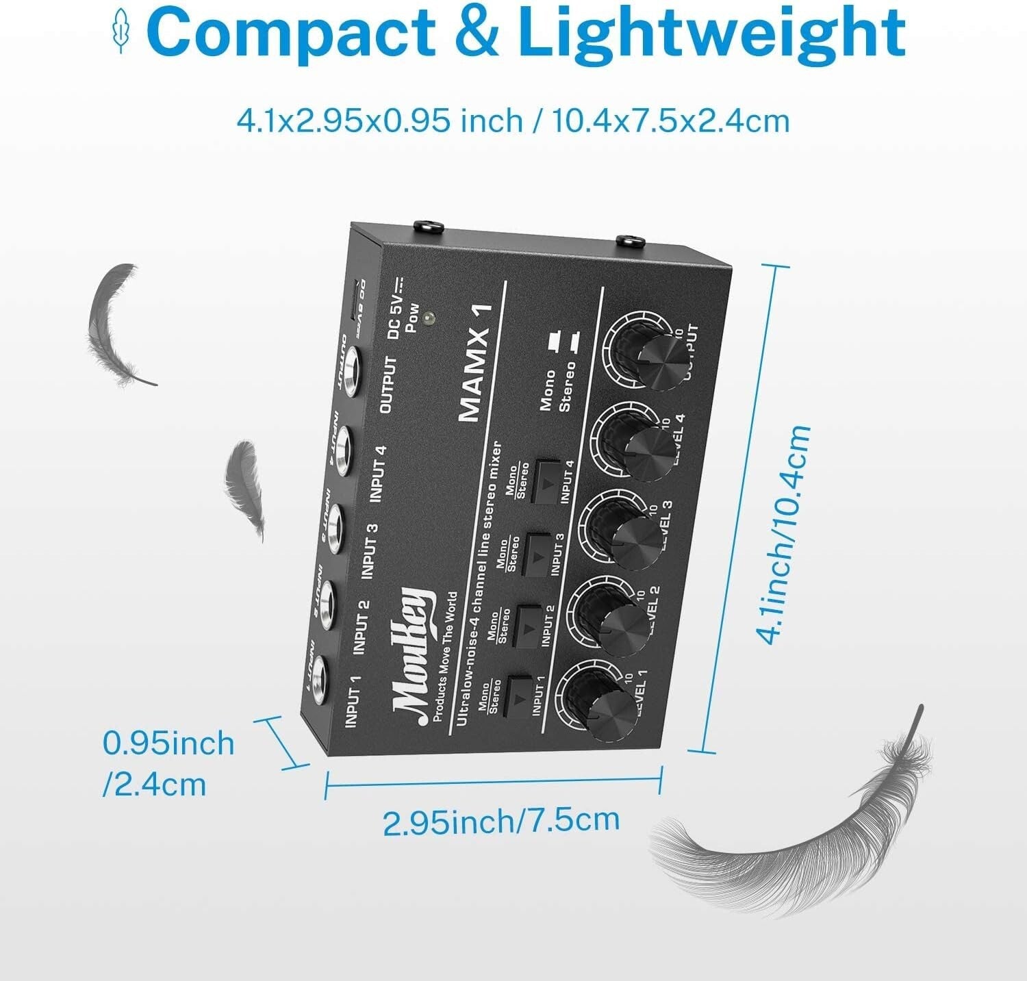 4 Stereo Channel Mini Audio Mixer with Low Noise for Guitars & Keyboards