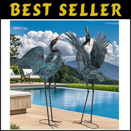 Vivid Blue Metal Crane Statues - Stunning Outdoor Garden Decorations Set