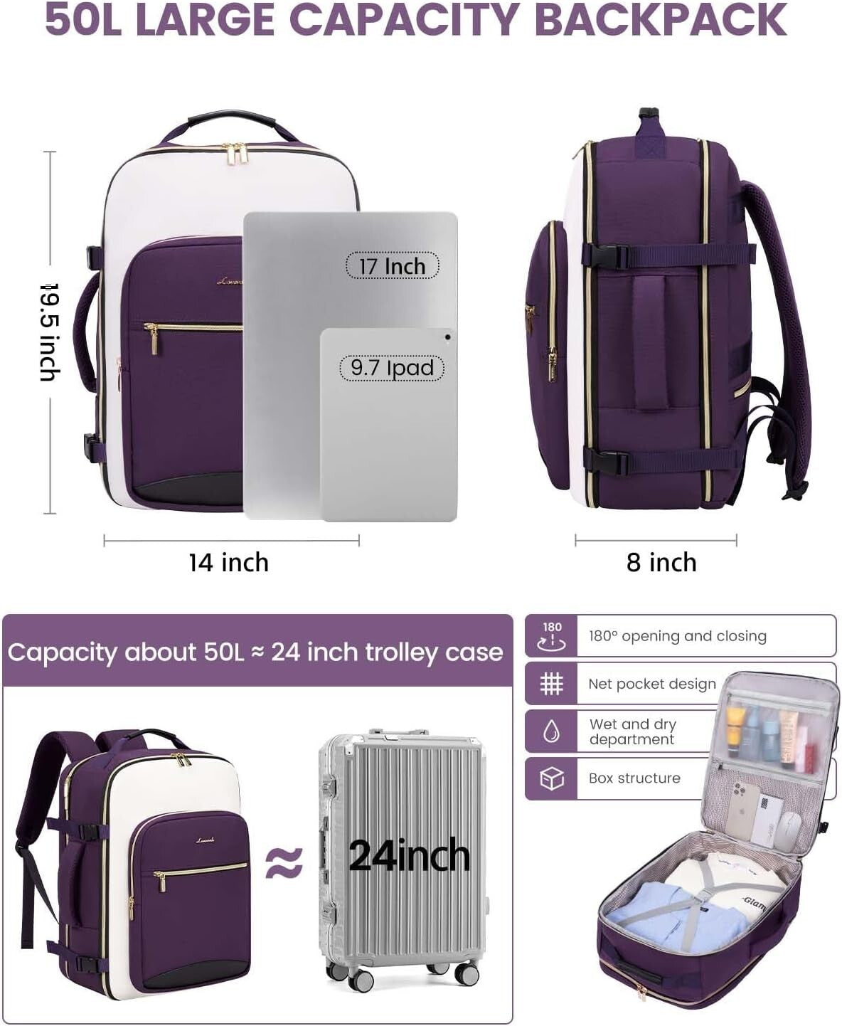 50L Airline Approved Carry On Backpack with Packing Cubes for Travel Comfort