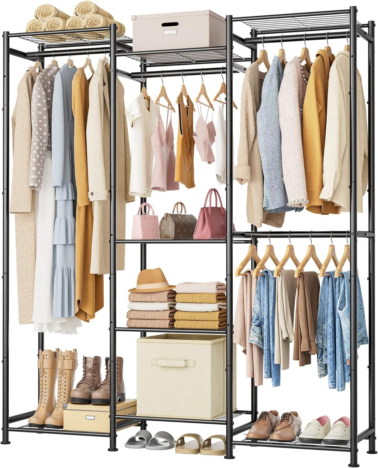 Large Portable Wardrobe with 4 Hanging Spaces & 8 Shelves - Stylish Organization