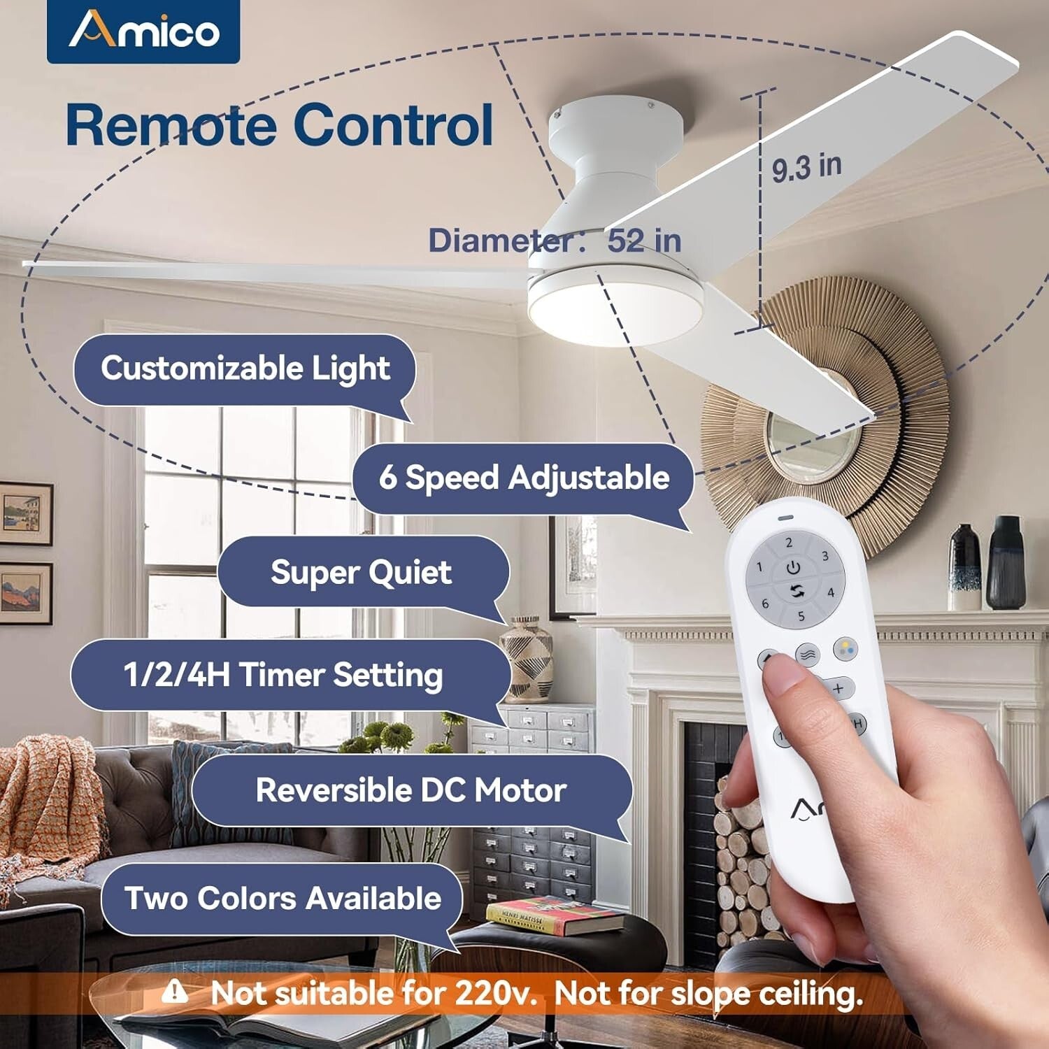 52-Inch Modern Ceiling Fan with Lights & Remote Control - Dimmable & Reversible