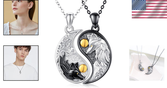 Yin Yang Wolf Pendant Necklace Set for Friends & Couples - Adjustable Chain