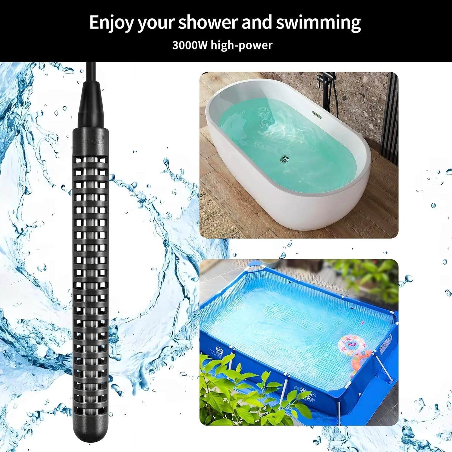 Fast Heating 3000W Portable Heater with Anti-Scald Design for Pools & Baths