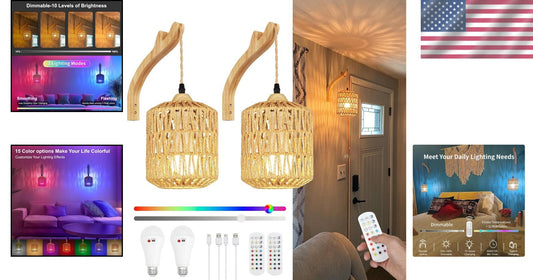 Frideko Boho Rechargeable Wall Sconces Set of 2 with Remote – RGB Dimmable Light