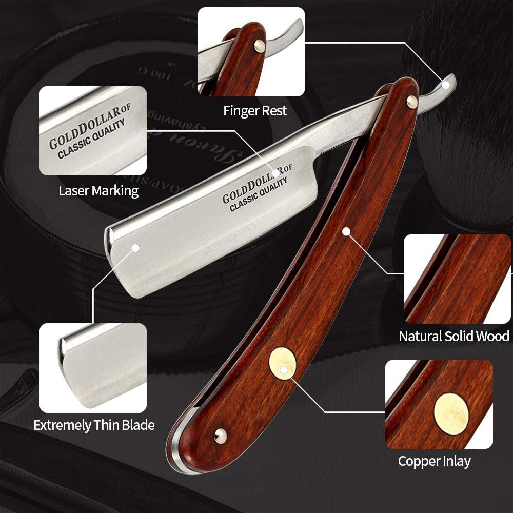 Elegant Retro Straight Razor with Wooden Handle - Complete Barber Shaving Set