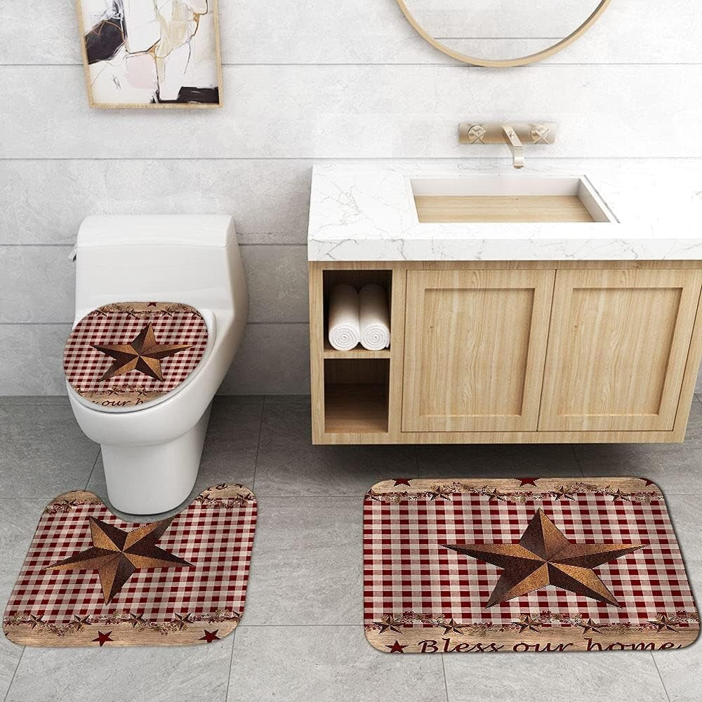Elegant 4-Piece Country Bathroom Decor Set - Waterproof Curtain & Anti-Slip Mats