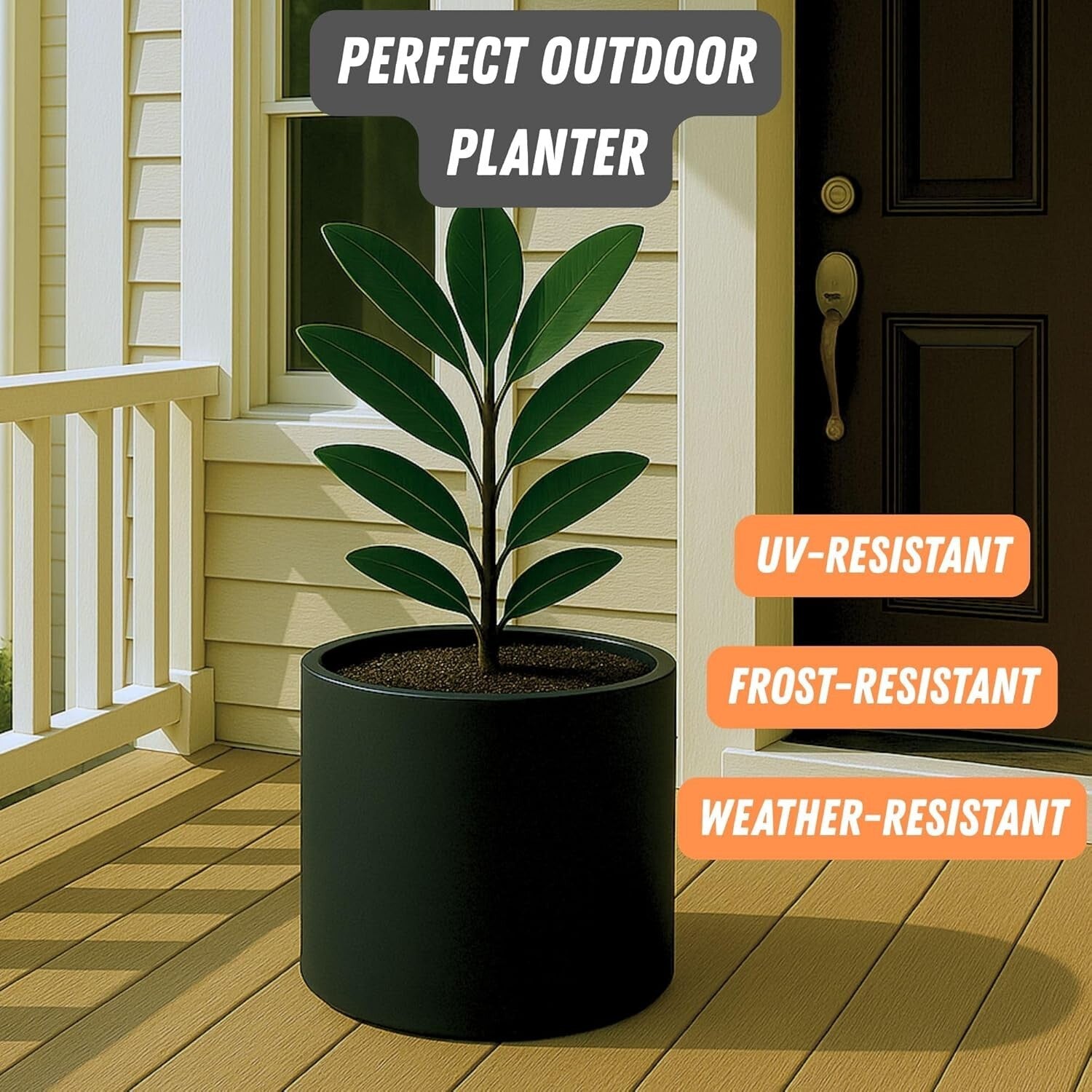14.6 Inch XL Matte Black Fiberstone Planter with Drainage for Indoor/Outdoor