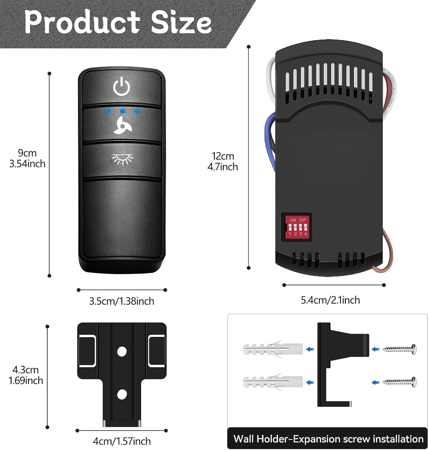 Ergonomic Universal Remote Kit for 3-Speed Ceiling Fans - Light Dimming Feature