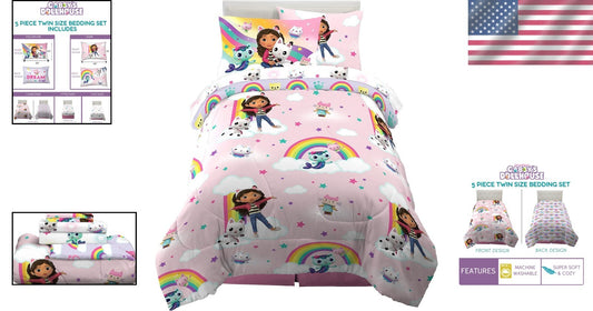 Gabby’s Dollhouse Cartoon Character Twin Bedding Set - 5-Piece Soft Microfiber