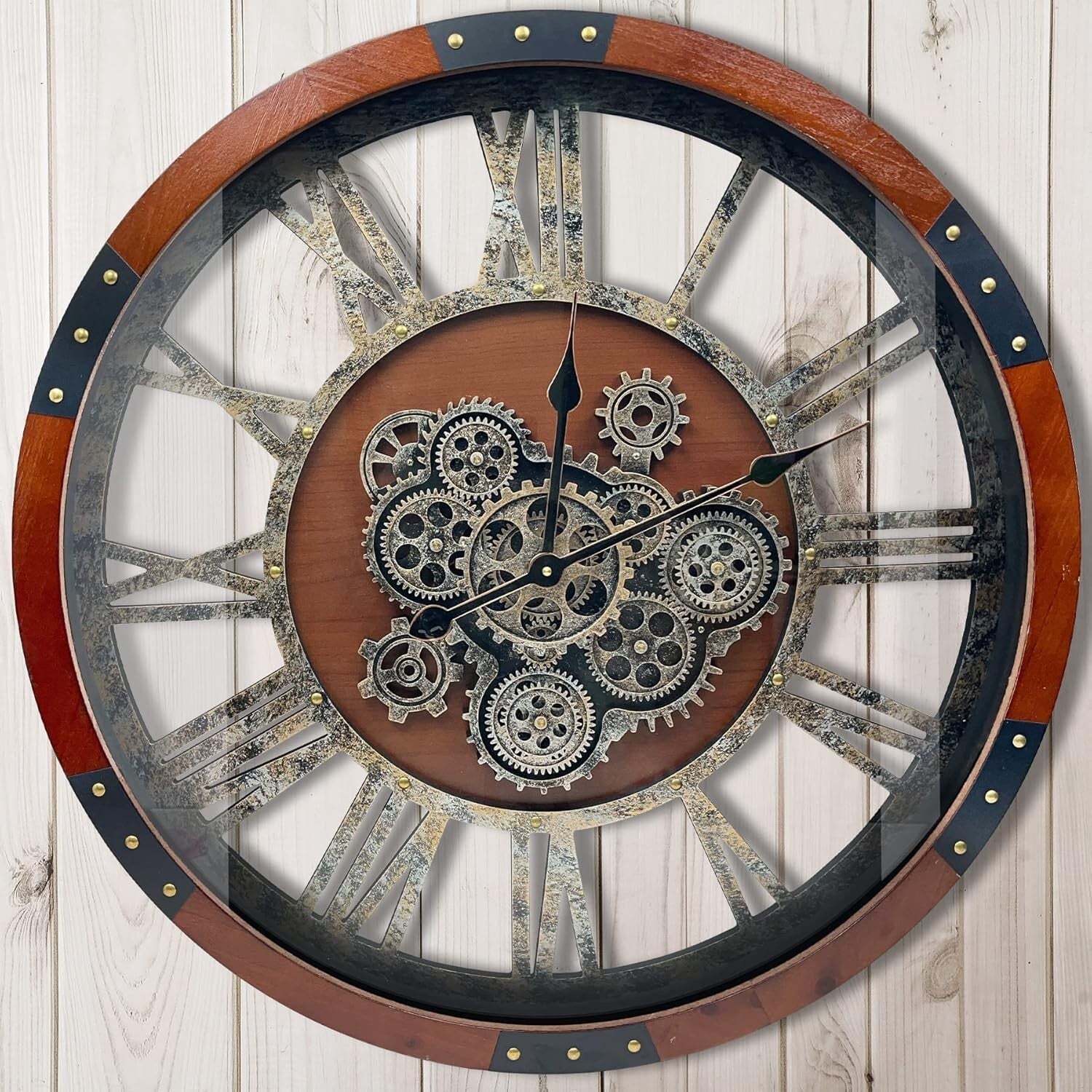 Elegant 27-Inch Vintage Farmhouse Clock with Real Moving Gears & Silent Movement