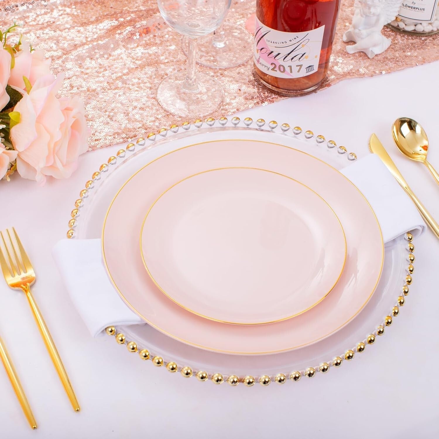 Stylish Pink Plastic Plates with Gold Embellishment - Ideal for Parties & Events