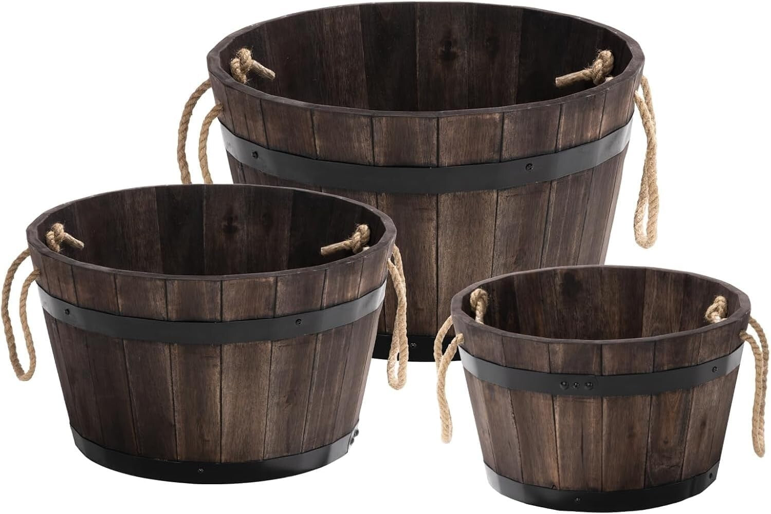 Durable Outdoor Acacia Wood Barrel Planters - Set of 3 with Drainage Holes
