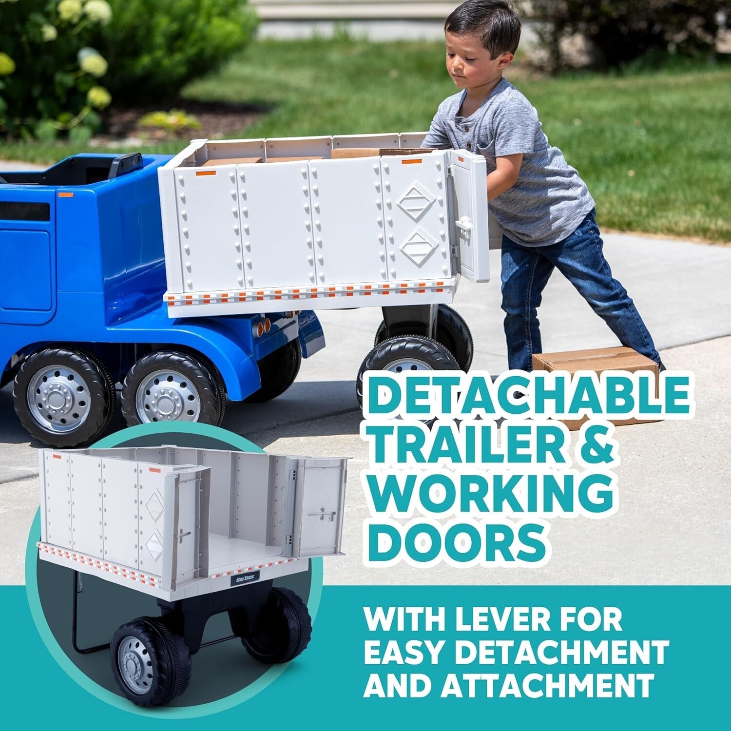 12V Kids Ride-On Semi-Truck with Detachable Trailer, Realistic Sounds & Lights