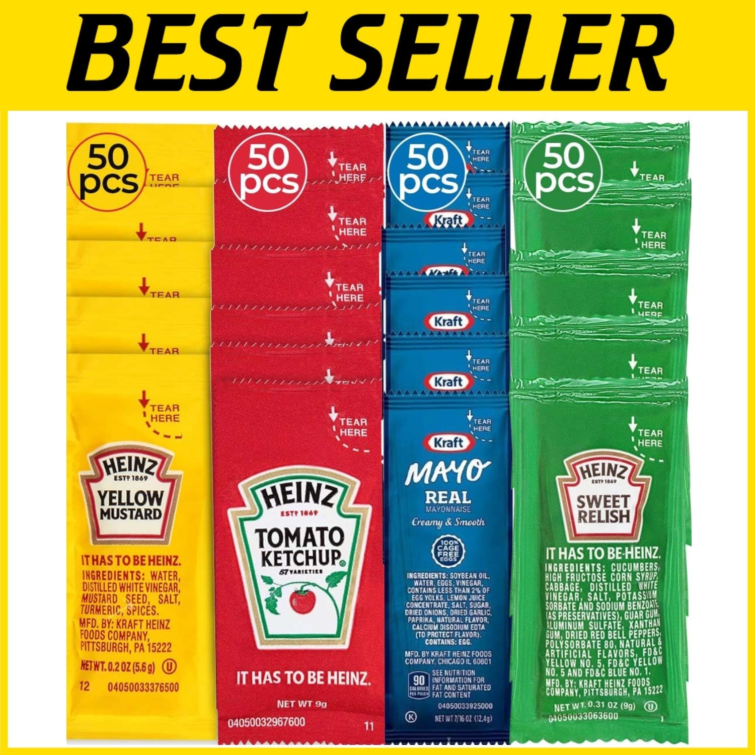 Essential Travel Condiments - 200 Single Serve Mayo, Ketchup, Mustard & Relish