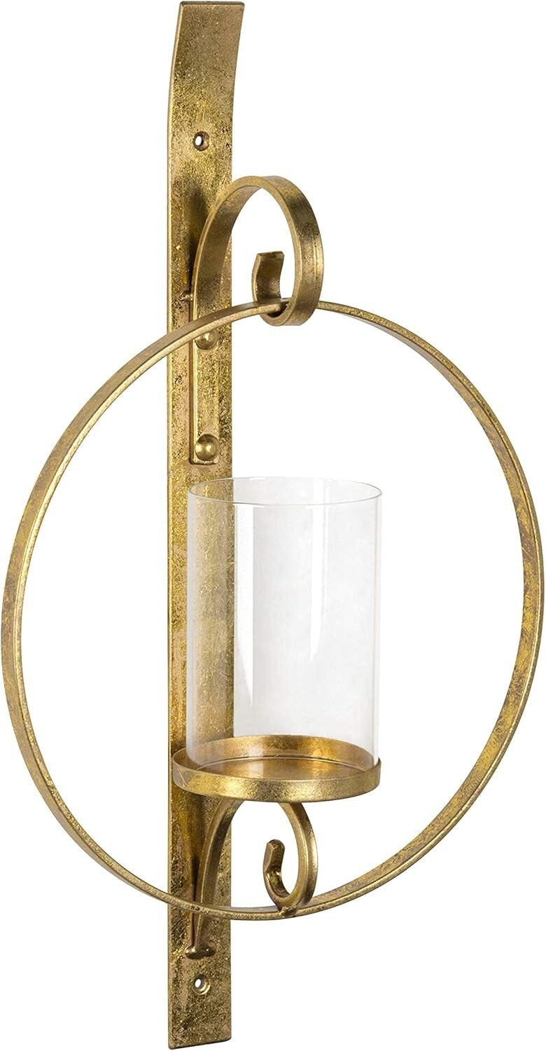 Elegant Round Gold Wall Sconce with Glass Pillar Holder - 21.75" Height