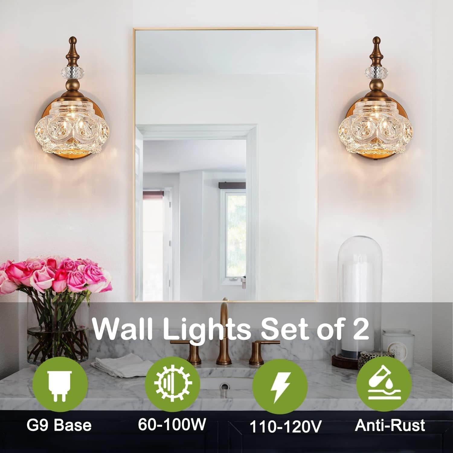 Elegant 2-Pack Brass Wall Sconces for Timeless Bathroom and Living Room Lighting