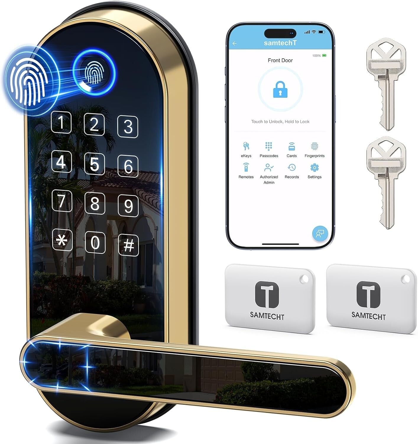 Biometric Keyless-Entry Smart Lock - Fingerprint & Code Touchscreen Gold Design