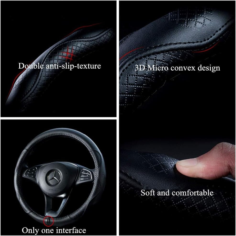 Soft Black Cowhide Steering Wheel Cover with Eco-Friendly Inner Ring - 15.5 Inch