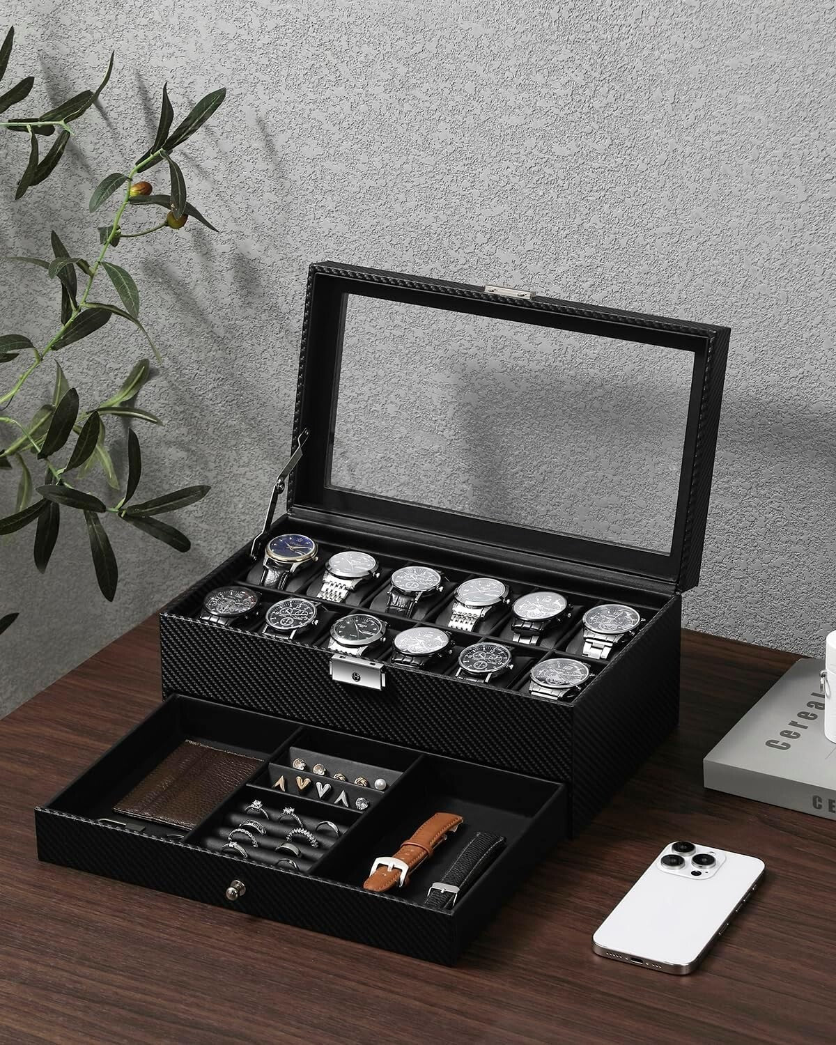 Luxury Faux Leather Watch Box – 12 Slots, Velvet Interior, Ideal Gift for Men