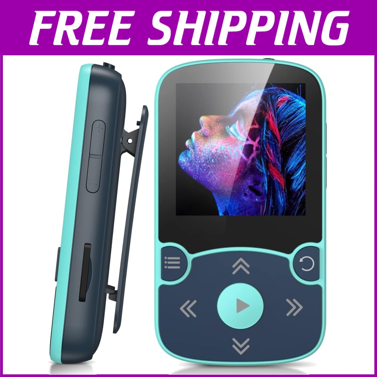Compact Clip-On 64GB MP3 Player - Bluetooth 5.3 with Voice Recorder & Pedometer