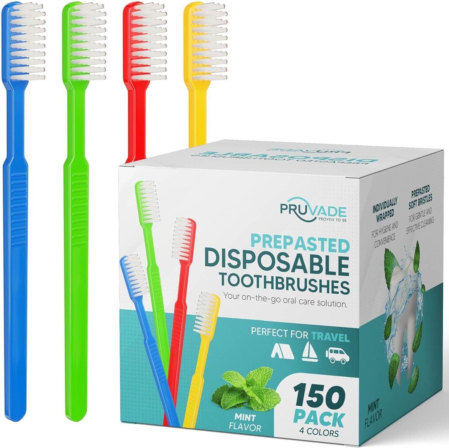 Essential 150 Count Disposable Toothbrush Set - Waterless Mint Flavor for Travel