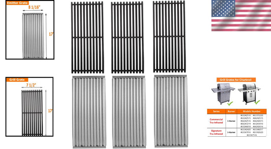 3-Pack Stainless Steel Emitters and Cast Iron Grates for Charbroil TRU Infrared