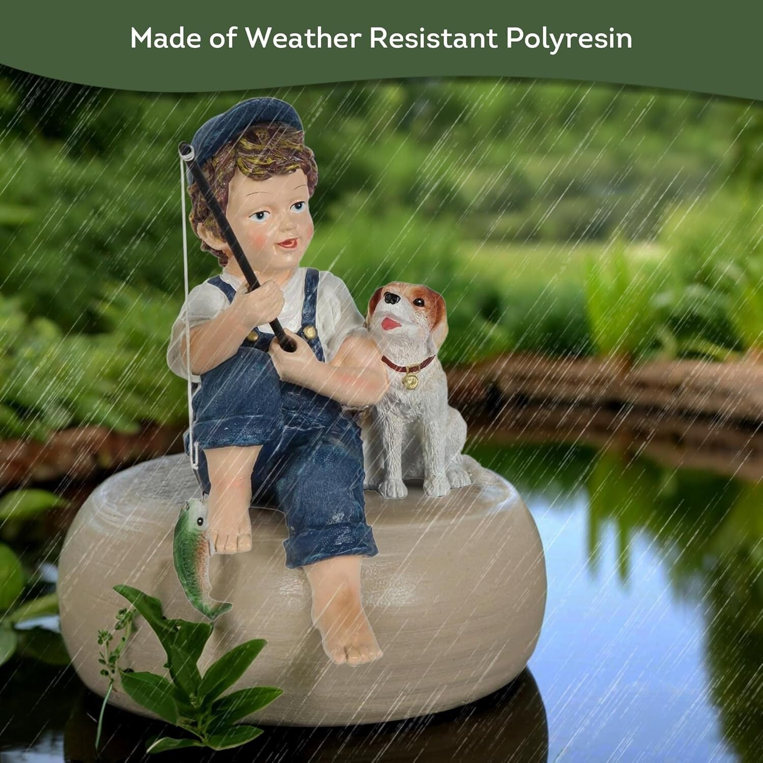 Endearing 10-Inch Fishing Boy & Dog Resin Statue for Enhanced Garden Charm