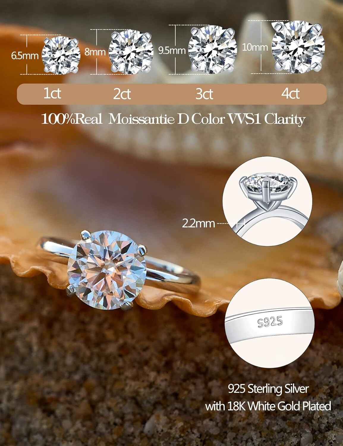 1CT D Color Moissanite Solitaire Ring - Elegant 18K White Gold Plated Design