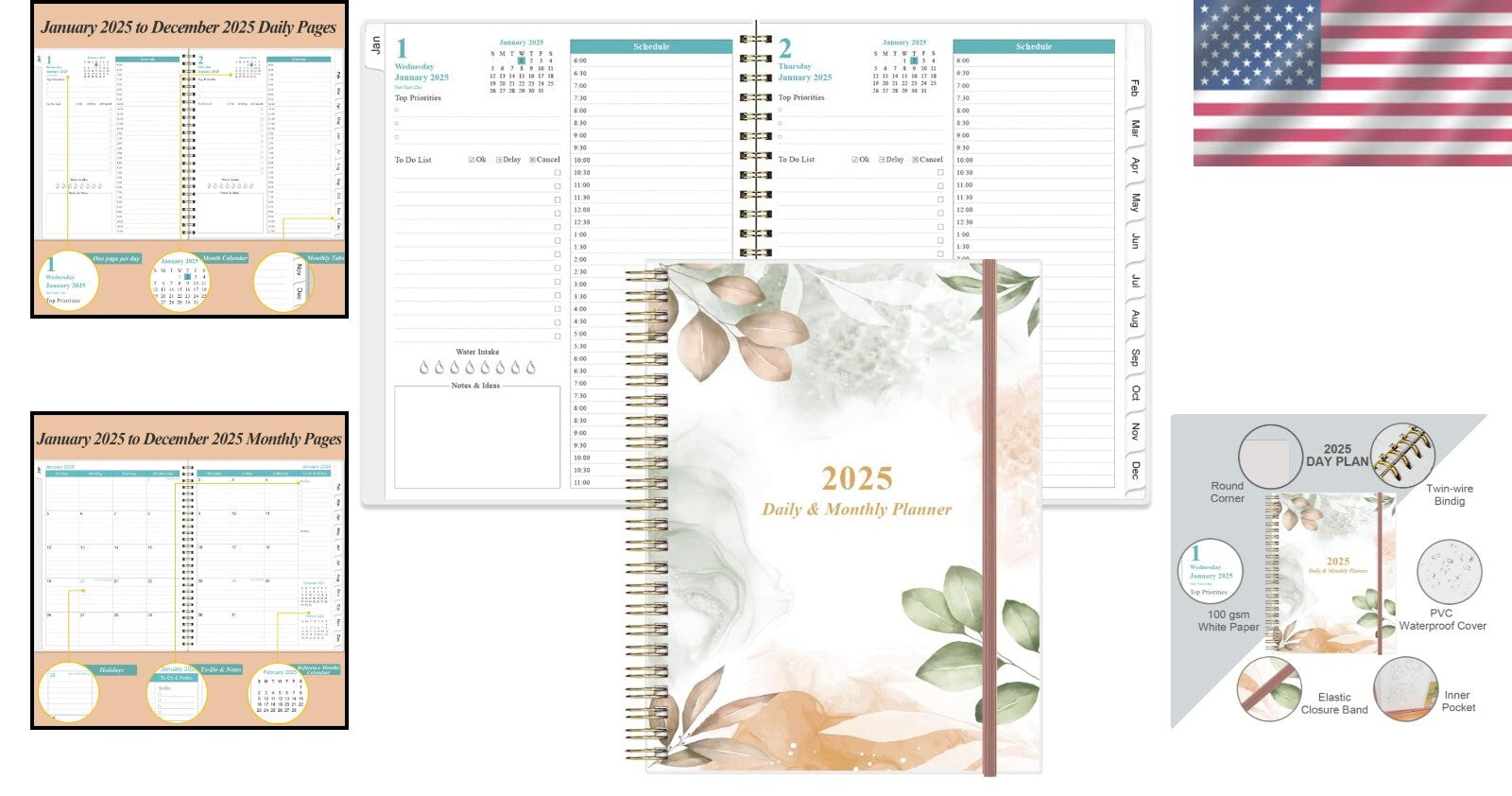 2025 Daily & Monthly Planner with Flexible Cover - One Page Per Day, 8.5" x 11"