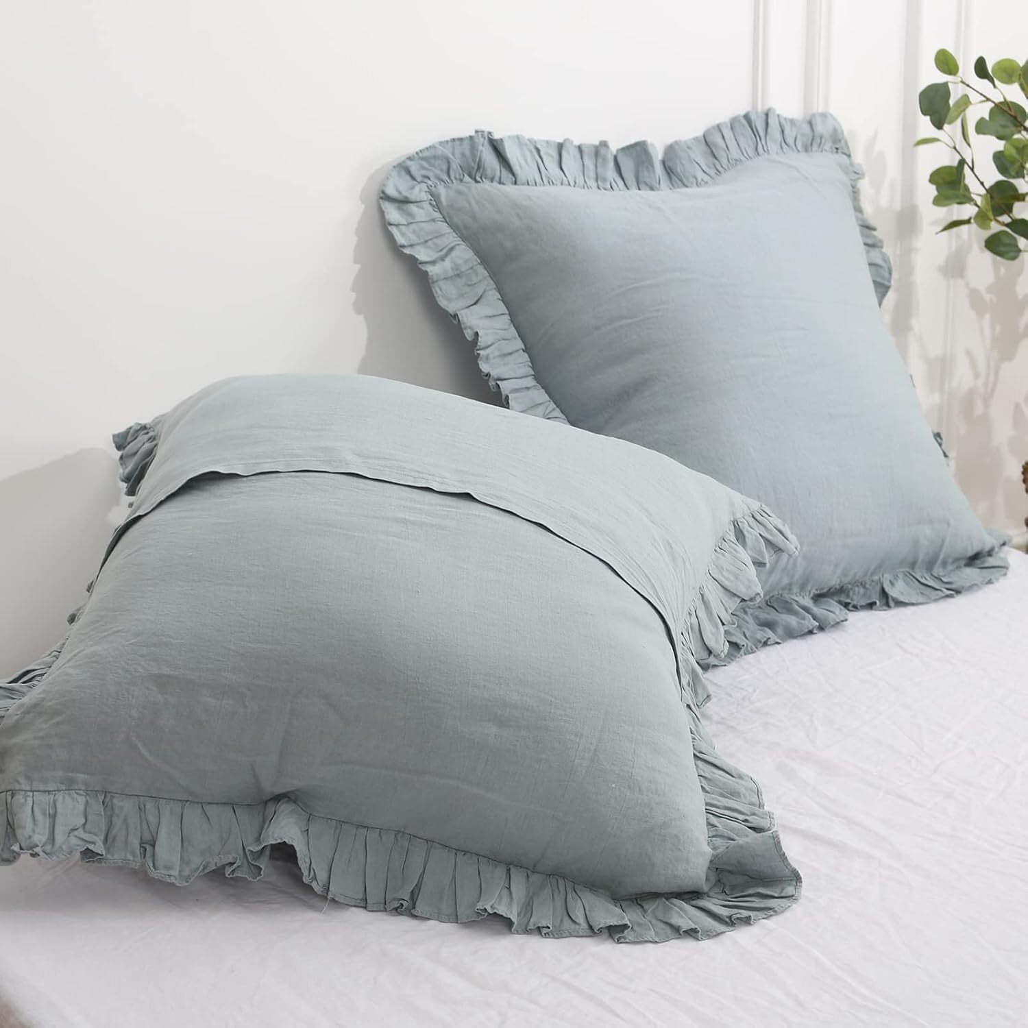Breathable Dusty Blue French Linen Euro Shams with Charming Ruffles - 26''x26''