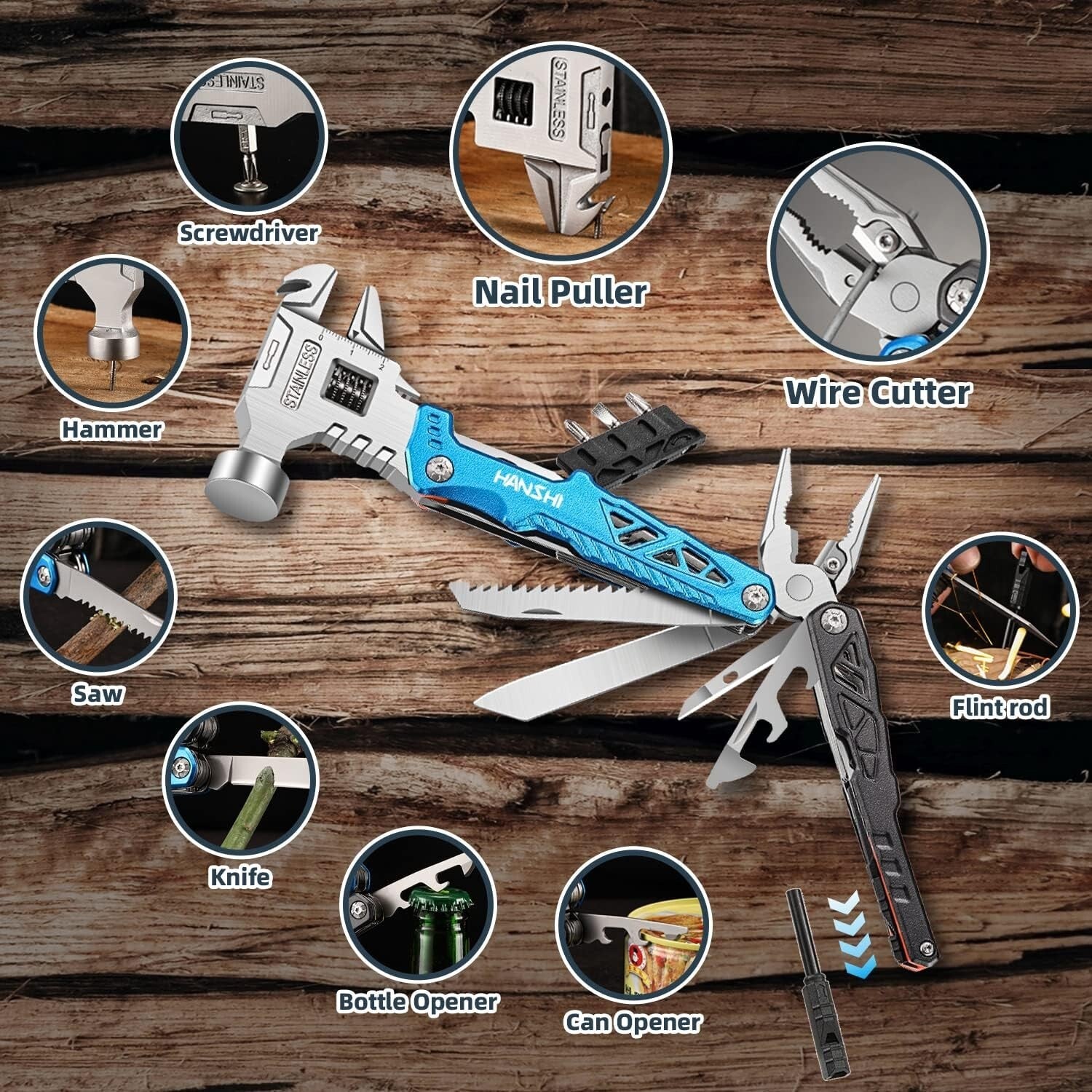 Compact Blue Multitool Hammer with Spring-Action Pliers for Adventure Seekers