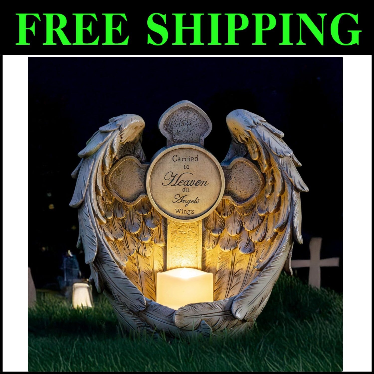 Tranquil 12'' Solar Angel Wing & Cross Light - Sympathy Gift for Grave Decor