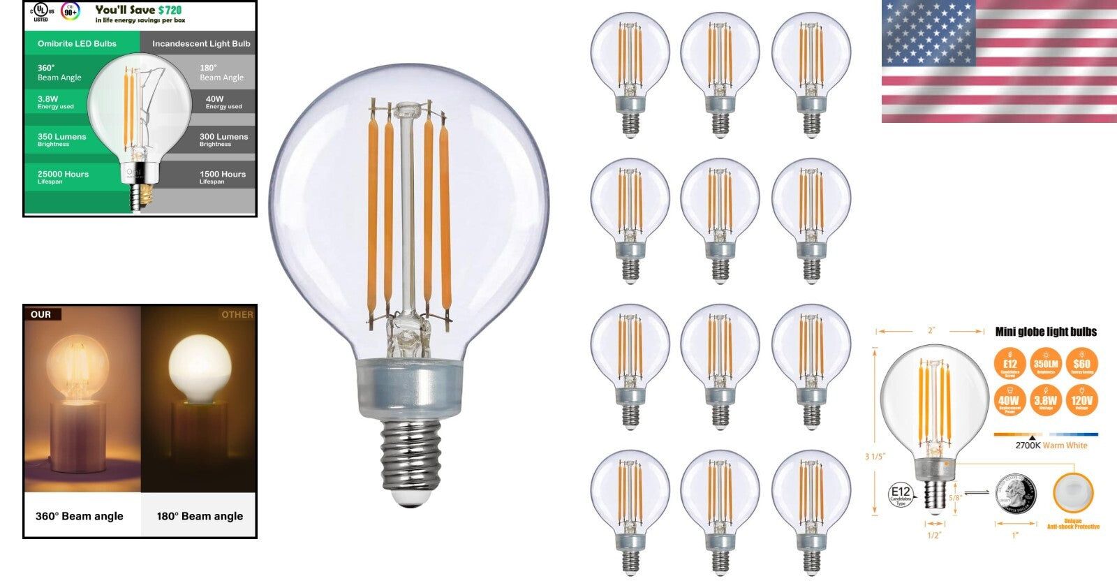 G16 LED Globe Bulb 12 Pack - 350 Lumens, Anti-Shock, Dimmable & Eco-Friendly