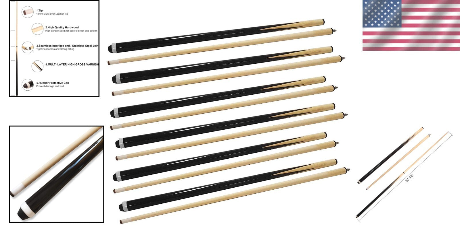 Set of 6 Premium 58-Inch Ashwood Pool Cues with 13mm Tips for Ultimate Precision