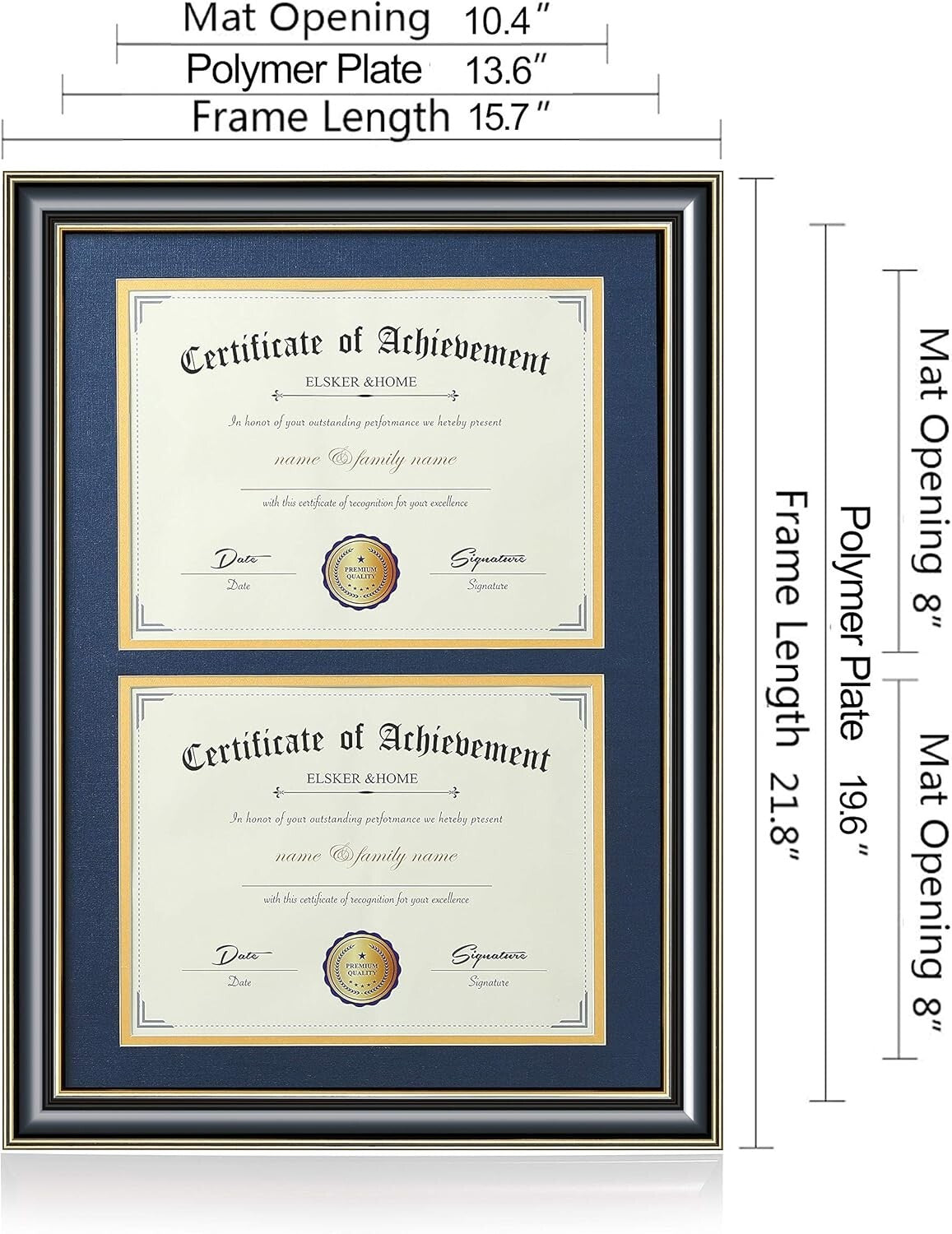 Double Frame for Certificates with Navy and Gold Mat - Perfect Graduation Gift