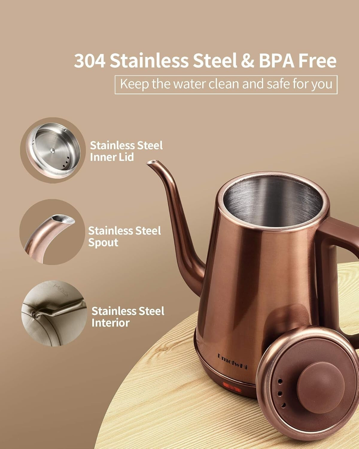 High-Performance 1.0L Copper Electric Kettle with Cool-Touch Handle & Fast Boil