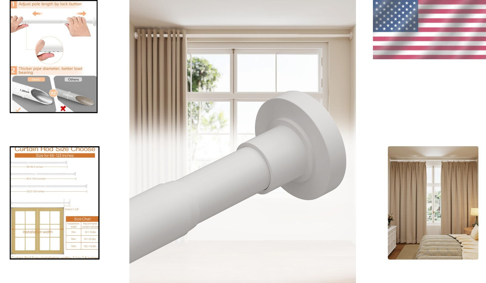 Durable No-Drill Tension Curtain Rods 66-120 Inch - Stability for Every Window