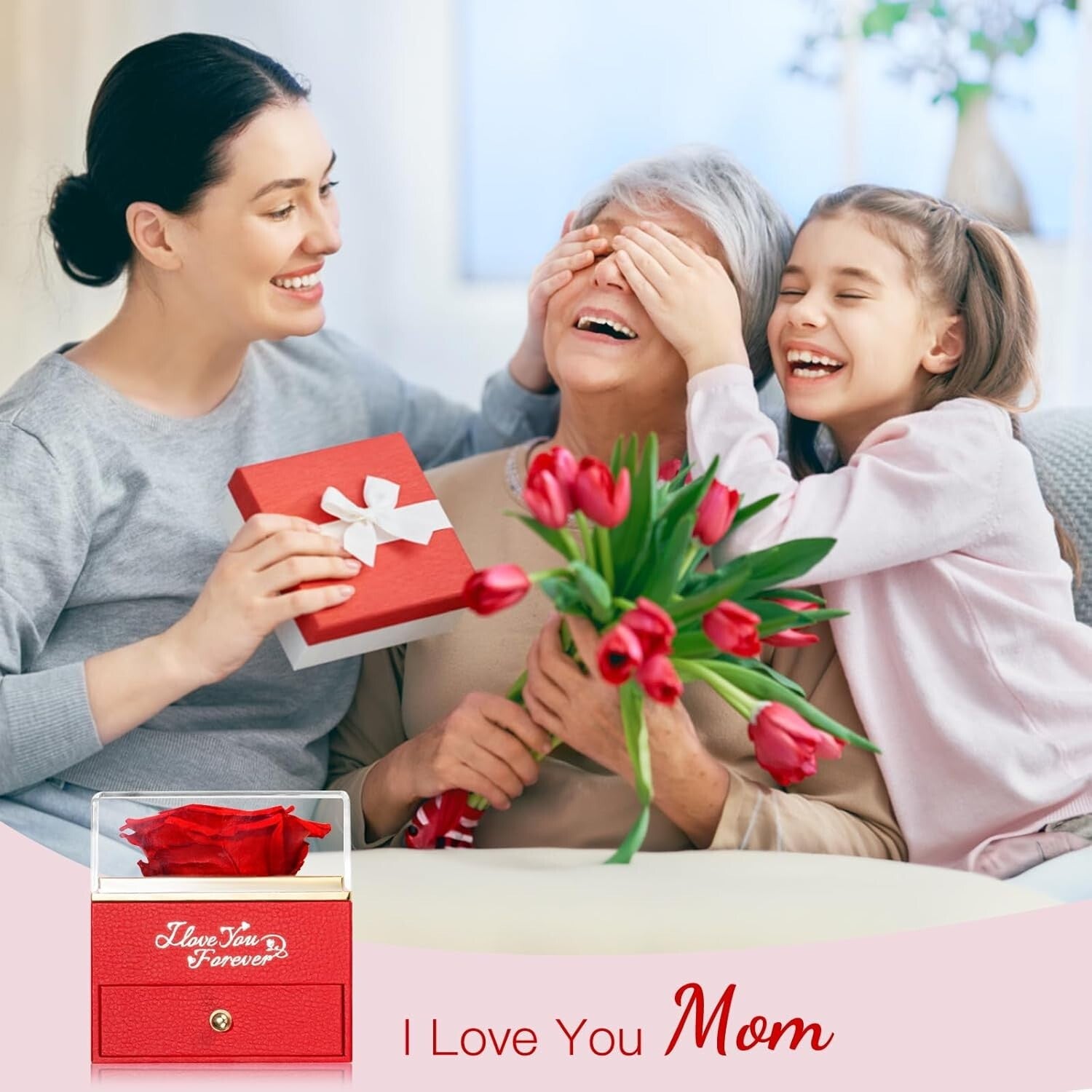 Luxurious Preserved Red Rose & 'I Love You' Necklace - Forever Love Gift for Mom