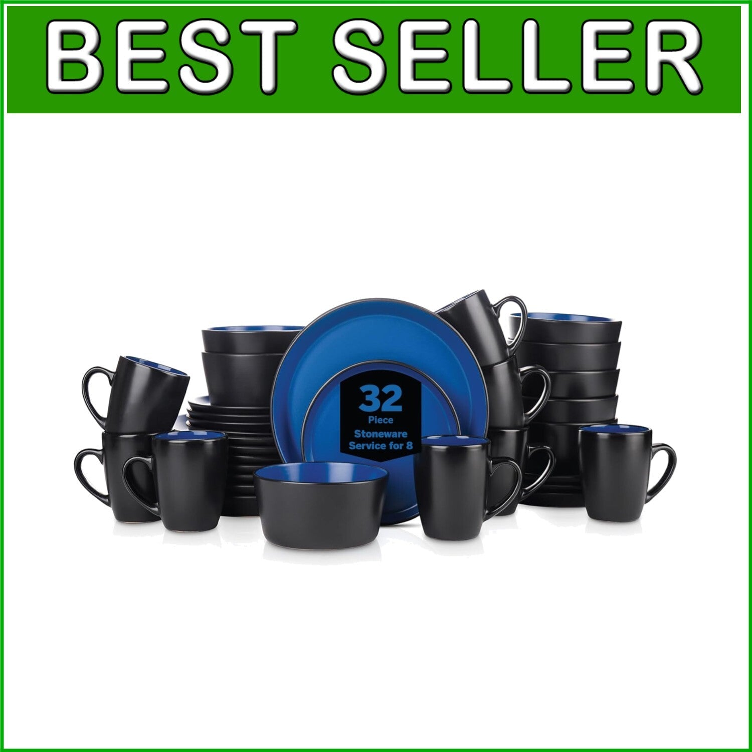 Elegant 32-Piece Blue & Black Stoneware Dish Set - Microwave and Dishwasher Safe