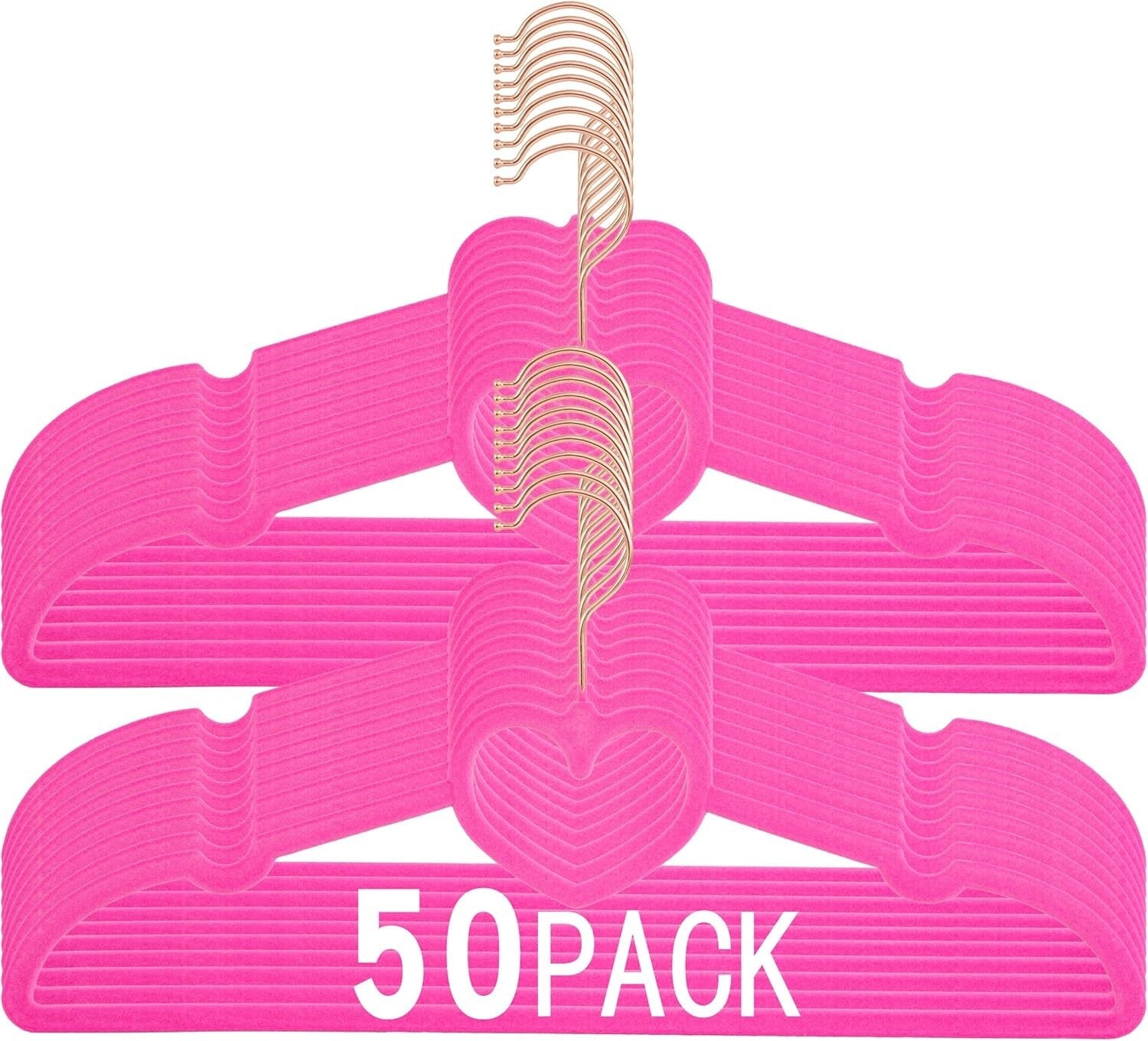 Premium Non-Slip Velvet Hangers 50 Pack - 360 Swivel Rose Gold Hooks, Hot Pink