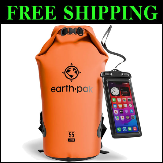 Lightweight Orange 55L Waterproof Backpack Sack with Phone Case for Kayaking