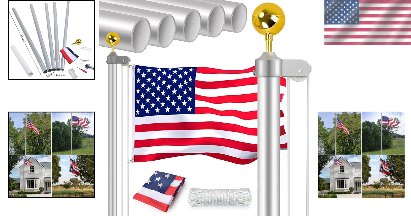 16FT Extra Thick Aluminum Flagpole with Complete Installation Kit & Free Flag